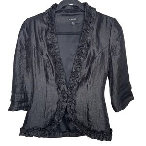 Ronen Chen Shiny Black Ruffled Trim 3/4 Sleeve Buttoned Blazer Jacket Size 0